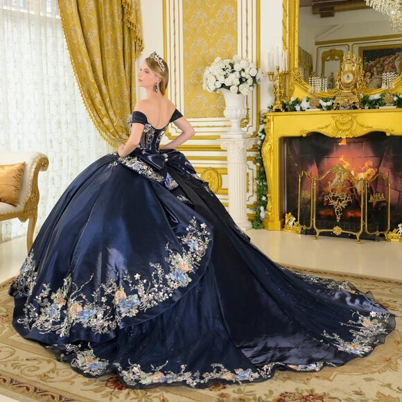New Navy Off The Shoulder Quinceanera Floral Dress w/ Layered Skirt GL3792 - Picture 13 of 13